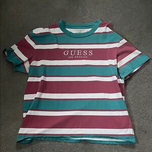 GUESS Striped Maroon and Teal T-Shirt